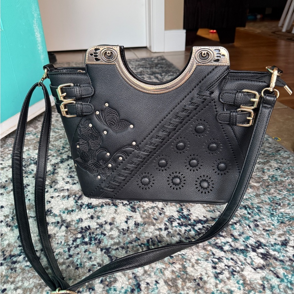 Black Embossed Floral Crossbody Bag with Gold Accents